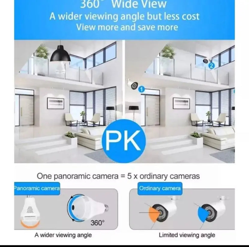 Lâmpada de Vigilância VR360 com Câmera Panorâmica, Conexão Wi-Fi e Visão Noturna HD