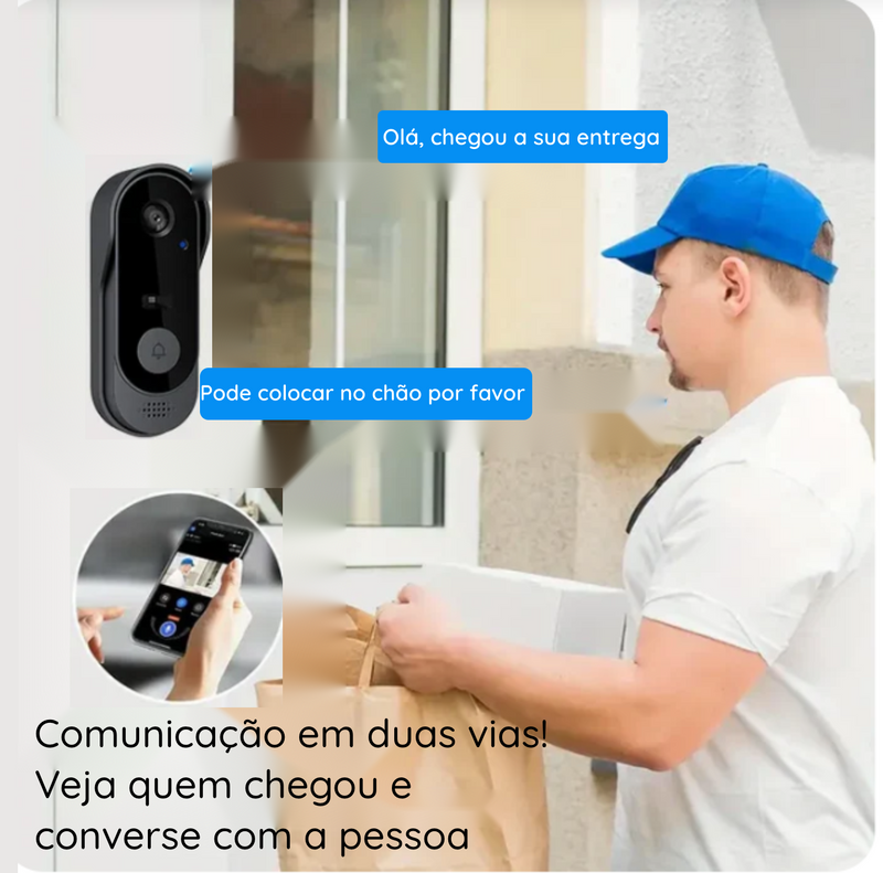 Campainha Inteligente para Casa com Câmera Wi-Fi à Prova d'Água, 1080P HD, Visão Noturna por Infravermelho, Monitor de Segurança sem Fio, Alarme e Videoporteiro