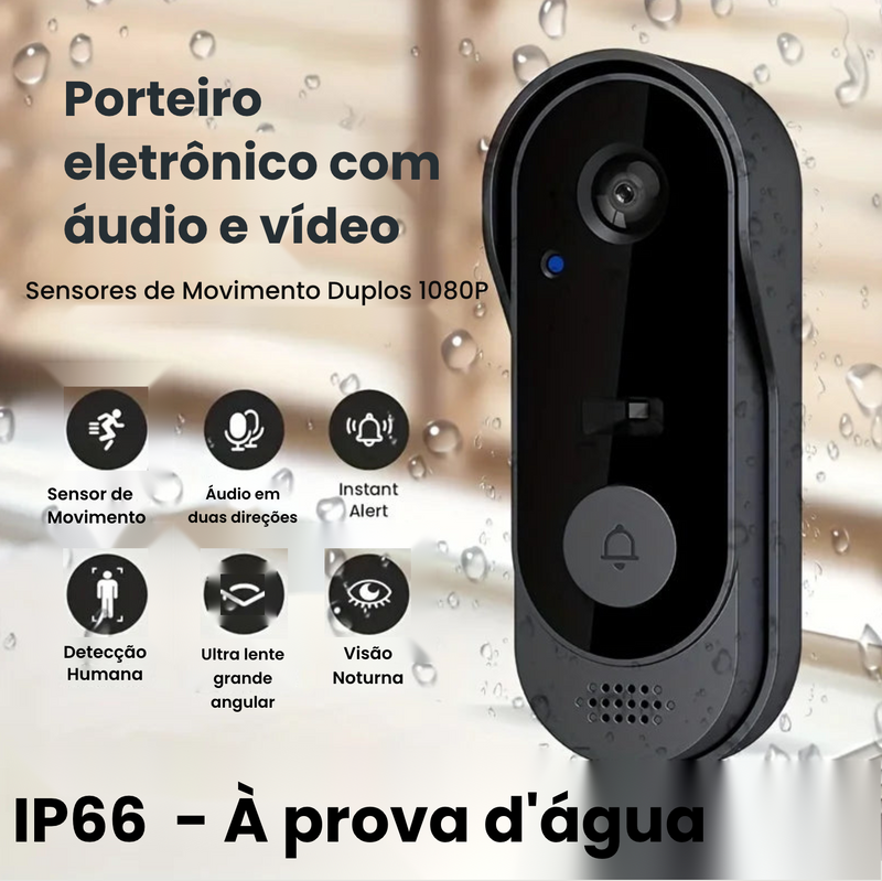 Campainha Inteligente para Casa com Câmera Wi-Fi à Prova d'Água, 1080P HD, Visão Noturna por Infravermelho, Monitor de Segurança sem Fio, Alarme e Videoporteiro